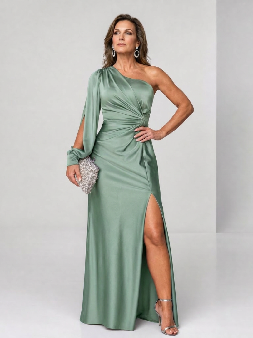 Elegant Satin Maxi Dress for Women with One Shoulder Split Sleeve Draped Waist Side Slit Formal Wedding Guest Style