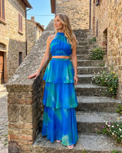 Elegant Blue Tie Dye Two Piece Set for Women with Halter Neck Tiered Ruffle Maxi Skirt Wedding Guest Style