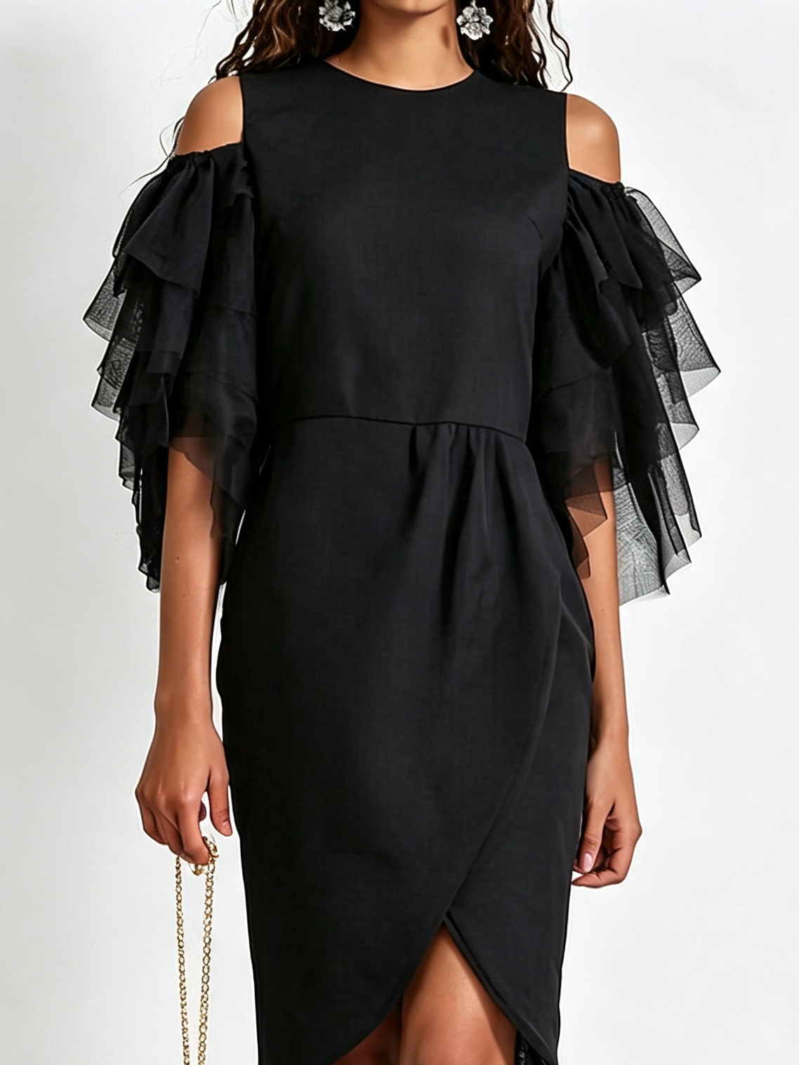 Elegant Black Cocktail Dress for Women with Cold Shoulder Tiered Ruffle Sleeve Wrap Front Formal Style