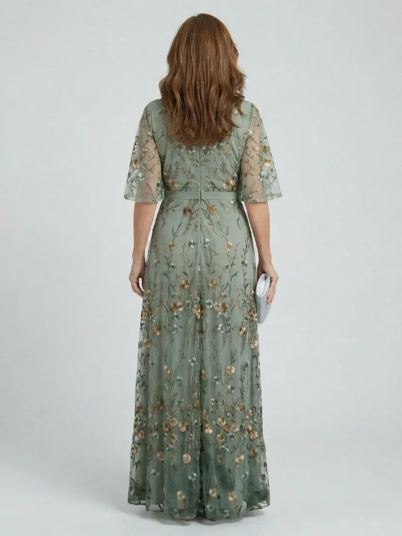 Elegant Sage Green Maxi Dress for Women with V-Neck Flutter Sleeve Floral Embroidered Wedding Guest Style