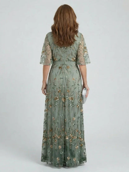 Elegant Sage Green Maxi Dress for Women with V-Neck Flutter Sleeve Floral Embroidered Wedding Guest Style