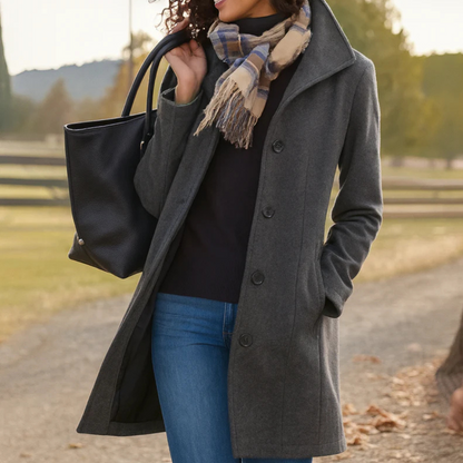 Elegant Wool Coat for Women with Notch Collar Long Sleeve Button Front Tailored Style