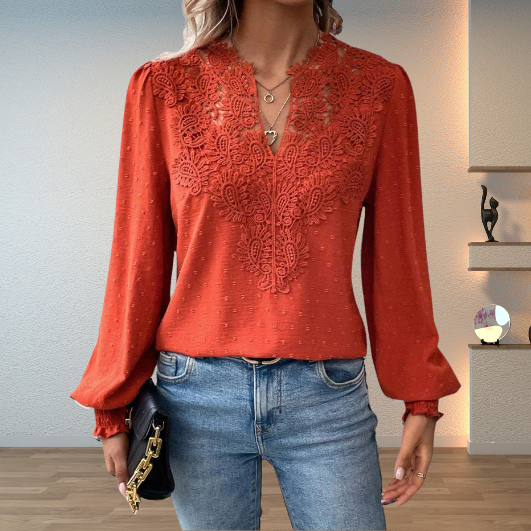 Elegant Swiss Dot Lace Blouse for Women with V Neck Bishop Sleeve Crochet Trim Flowing Style