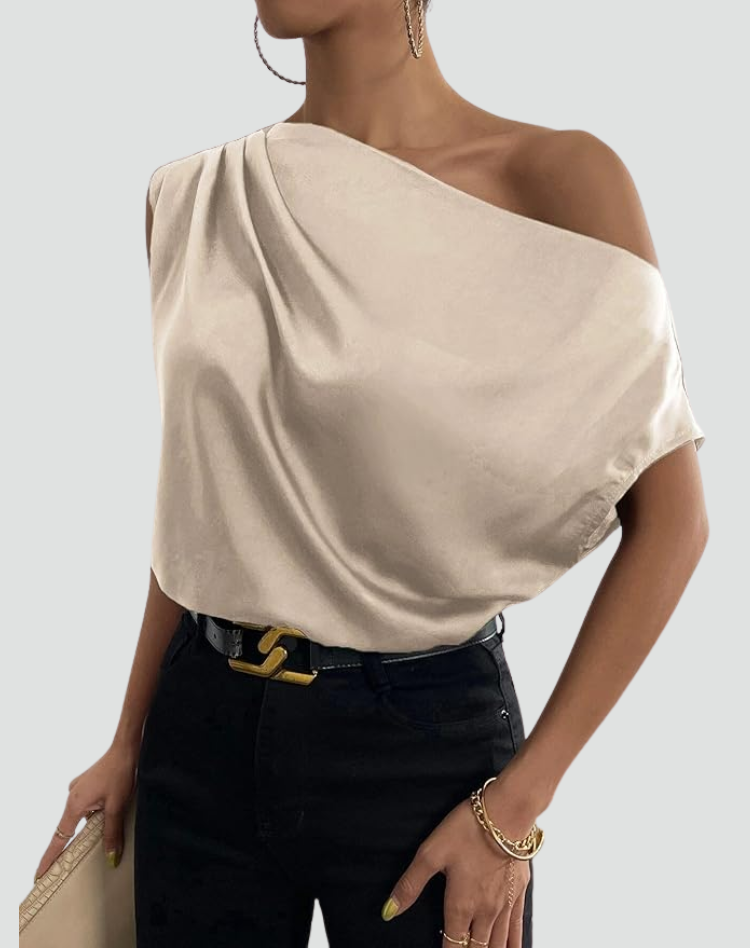 Elegant Satin Off The Shoulder Top for Women with Draped Asymmetric Sleeveless Silky Style