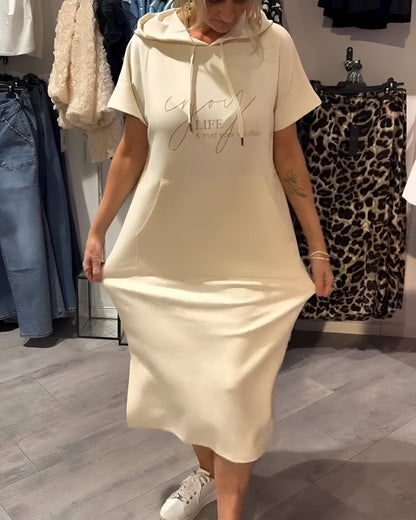 Comfortable Orange Hoodie Midi Dress for Women with Drawstring Hood Short Sleeve Kangaroo Pocket Relaxed Style