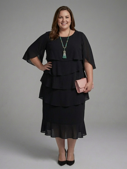 Elegant Black Tiered Fall Wedding Guest Dress for Women with Round Neck Flutter Sleeve Ruffle Hem Flowing Style
