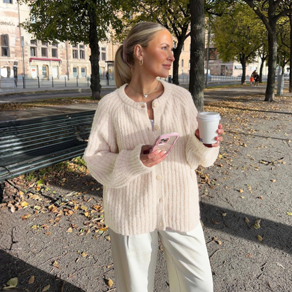 Cozy Knit Cardigan for Women with Round Neck Long Sleeve Button Front Ribbed Relaxed Style