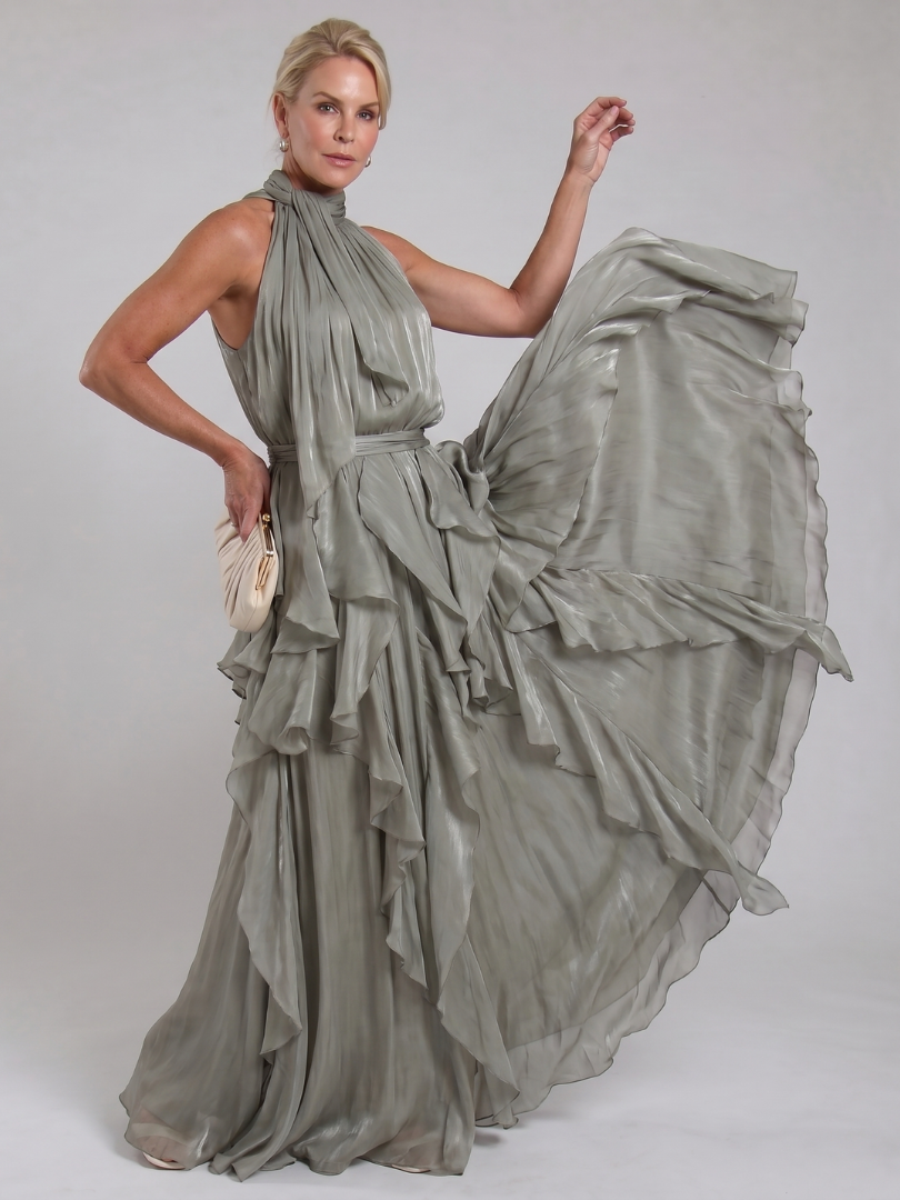 Elegant Maxi Dress for Women with Halter Neck Ruffle Tiered Skirt Satin Sleeveless Wedding Guest Style