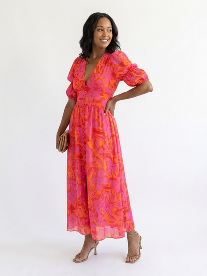 Elegant Pink Orange Floral Fall Wedding Guest Dress for Women with V Neck Puff Sleeve Button Front Flowing Style