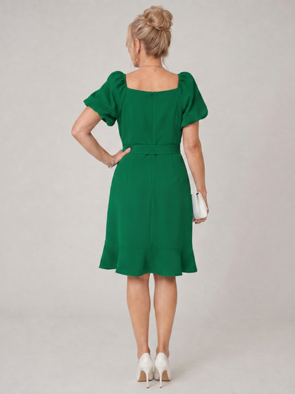 Elegant Green Mini Dress for Women with Square Neck Puff Sleeve Wrap Ruffle Hem Cocktail Style