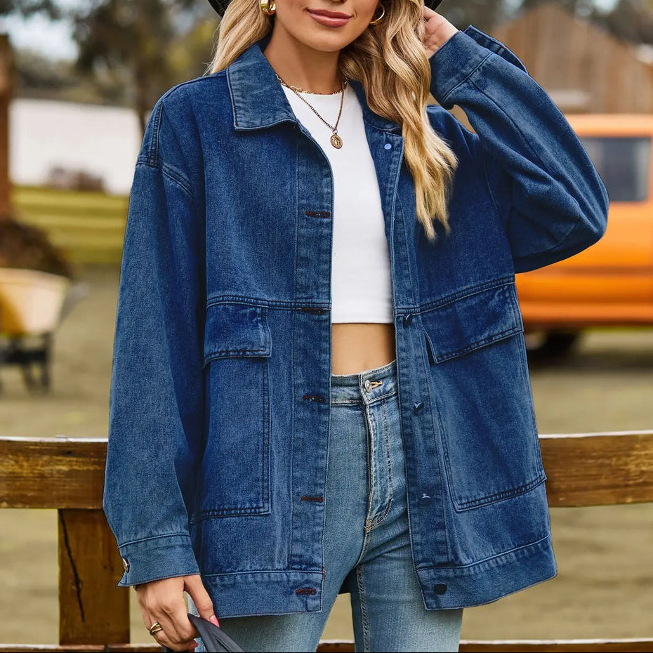 Effortless Denim Jacket for Women with Spread Collar Long Sleeve Button Front Washed Oversized Style