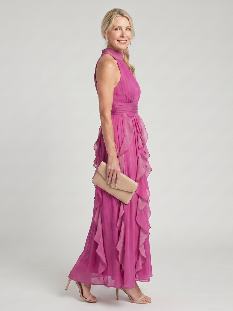 Elegant Pink Chiffon Cocktail Dress for Women with Halter Neck Ruffle Tiered Maxi Formal Wedding Guest Style