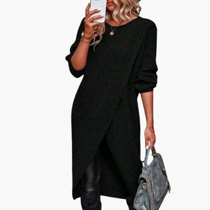 Cozy Grey Sweater Dress for Women with Crew Neck Long Sleeve Knit Wrap Front Tunic Style