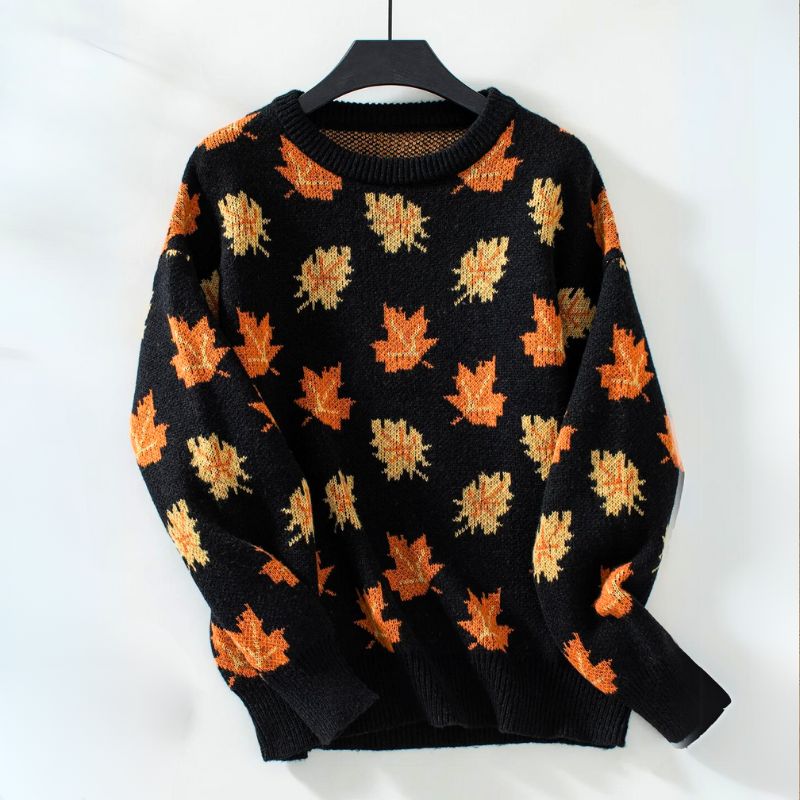 Comfortable Maple Leaf Print Sweater for Women with Crew Neck Long Sleeve Relaxed Oversized Knit Style