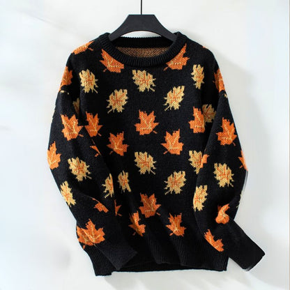 Comfortable Maple Leaf Print Sweater for Women with Crew Neck Long Sleeve Relaxed Oversized Knit Style