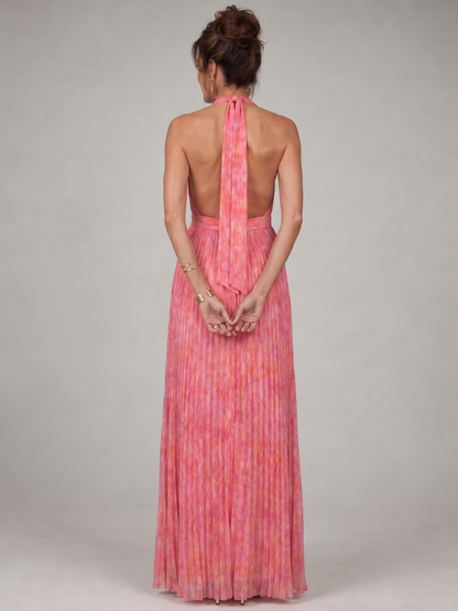 Elegant Pink Dress for Women with Halter Neck Deep V Pleated Belted Wedding Guest Style