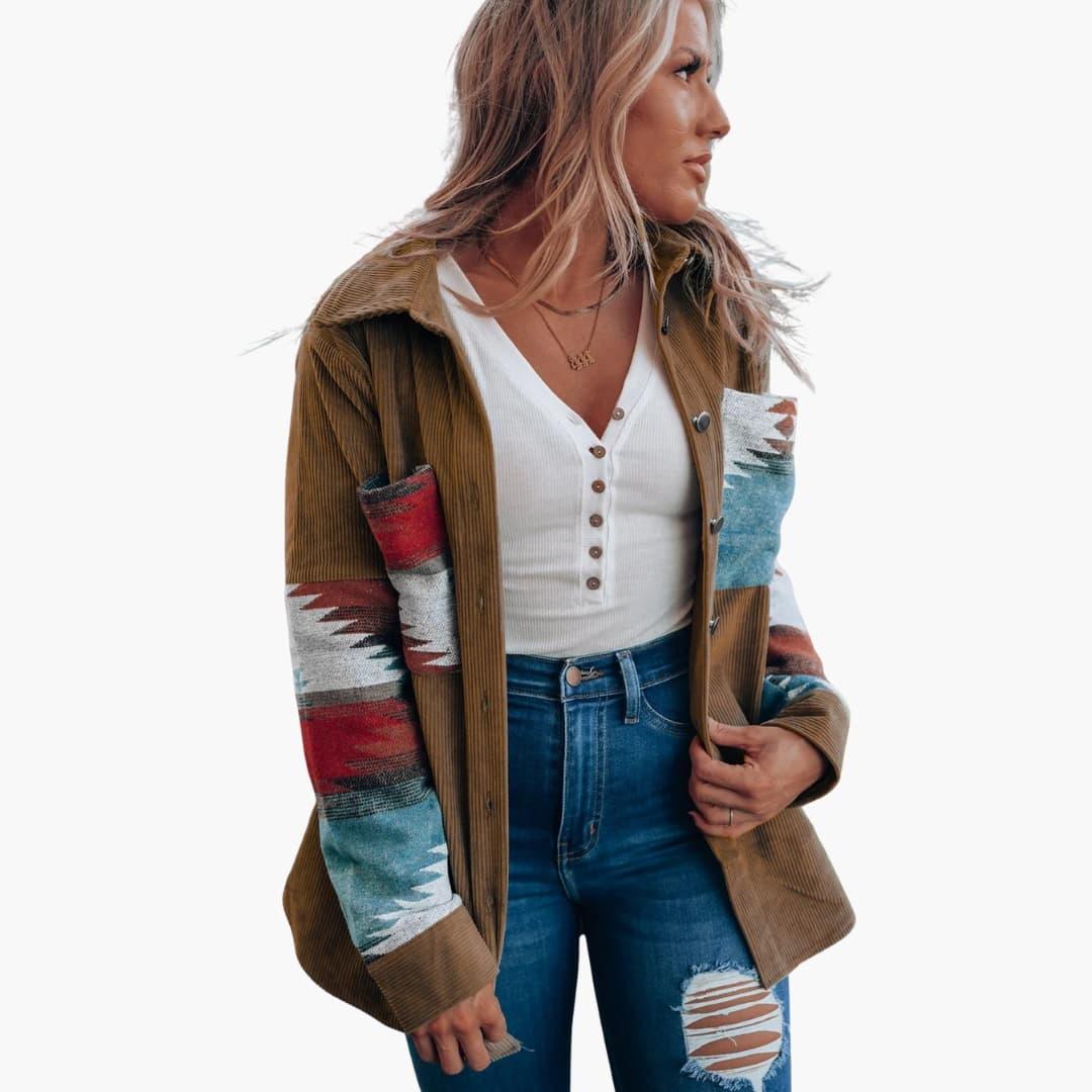 Effortless Brown Corduroy Shacket for Women with Spread Collar Long Sleeve Aztec Panel Oversized Style