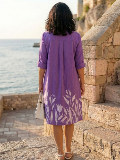 Elegant Purple Dress for Women with Collar Long Sleeve Floral Print Button Front Midi Style