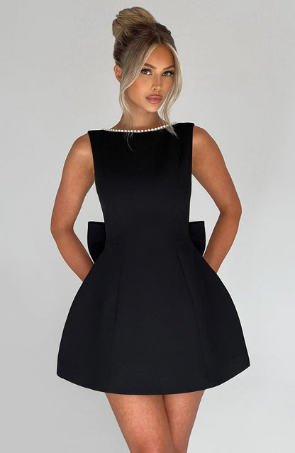 Elegant Pearl Trim Mini Dress for Women with Bateau Neck Sleeveless Bow Back Fit Flare Style