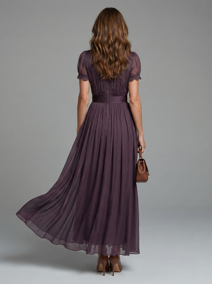 Elegant Purple Maxi Dress for Women with V-Neck Lace Trim Short Sleeve Gathered Waist Wedding Guest Style