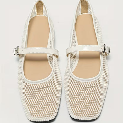 Comfortable Mary Jane Shoes for Women with Square Toe Mesh Strap Flat Breathable Style