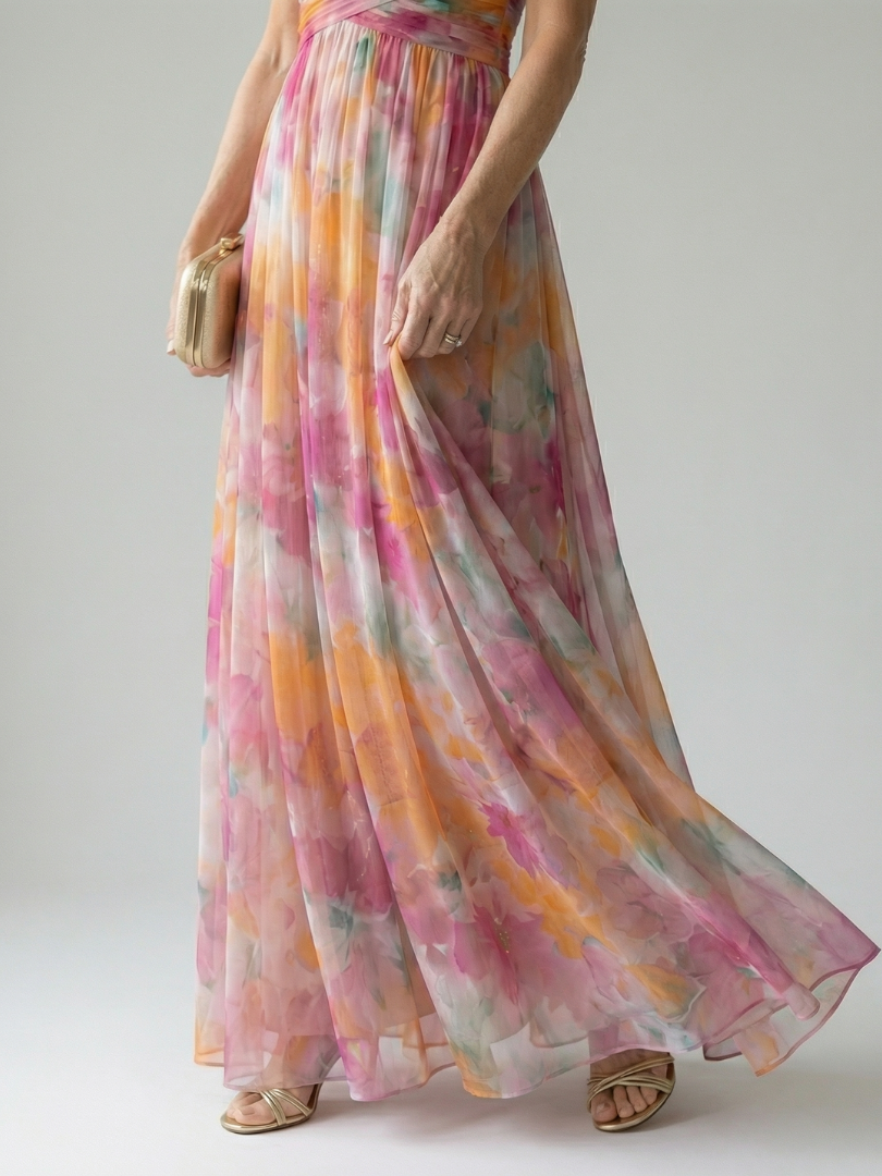Effortless Watercolor Floral Maxi Dress for Women with V Neck Sleeveless Ruched Flowing Autumn Wedding Guest Style