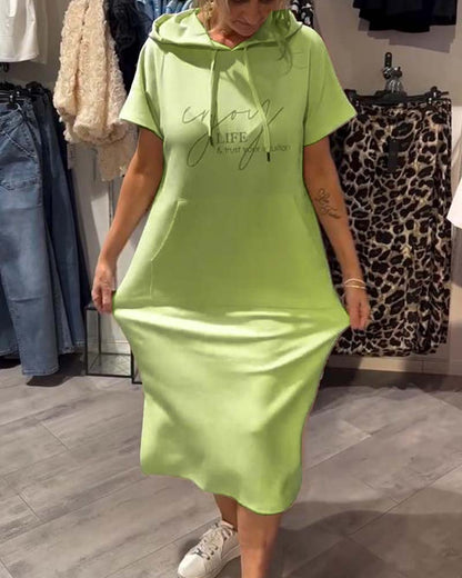 Comfortable Orange Hoodie Midi Dress for Women with Drawstring Hood Short Sleeve Kangaroo Pocket Relaxed Style