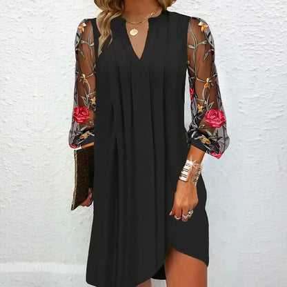 Elegant Black Floral Embroidered Mini Dress for Women with V Neck Balloon Sleeve Mesh Flowing Style