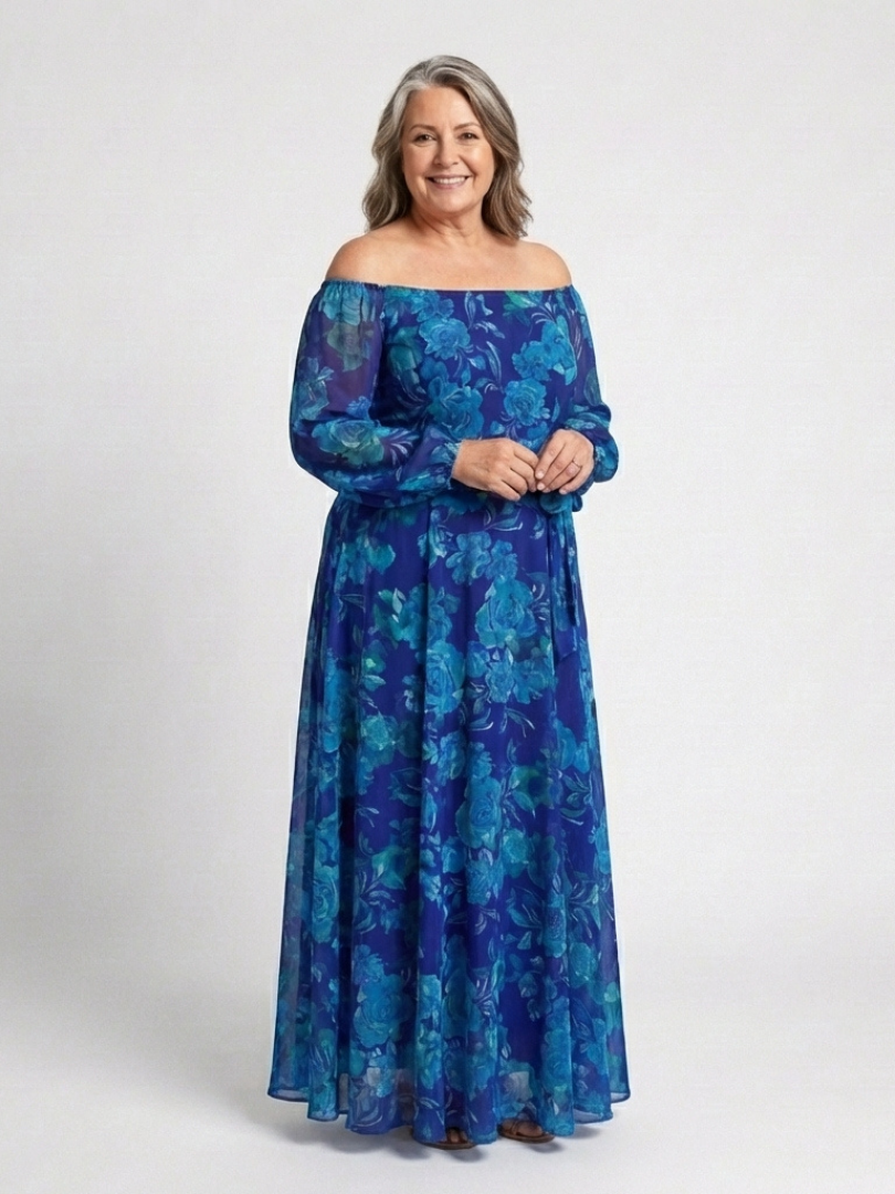 Elegant Blue Floral Fall Wedding Guest Dress for Women with Off Shoulder Long Sleeve Sash Tie Flowing Style