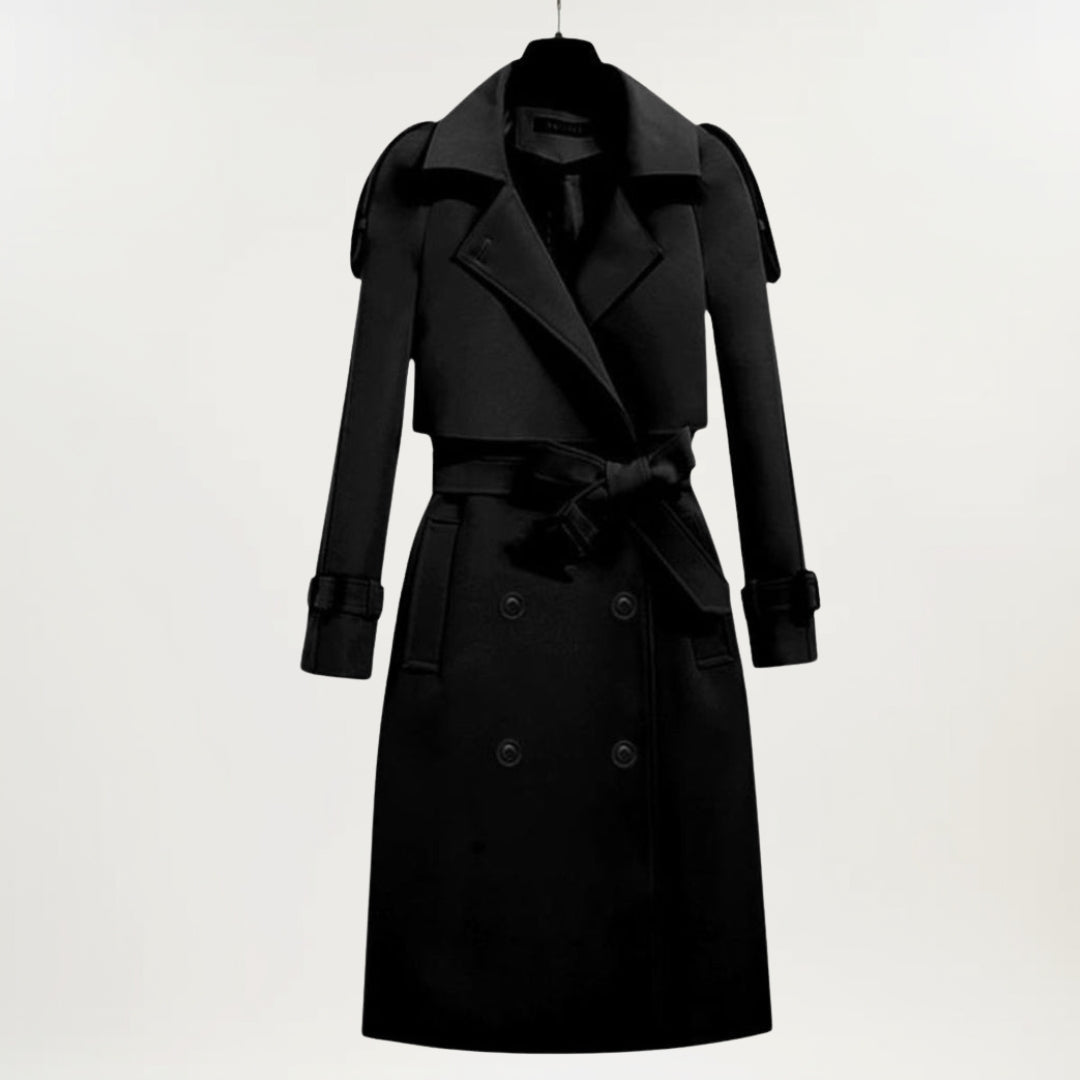 Elegant Longline Trench Coat for Women with Lapel Collar Long Sleeve Belted Double Breasted Style