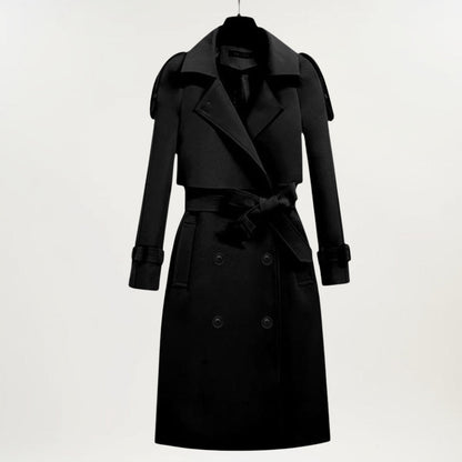 Elegant Longline Trench Coat for Women with Lapel Collar Long Sleeve Belted Double Breasted Style
