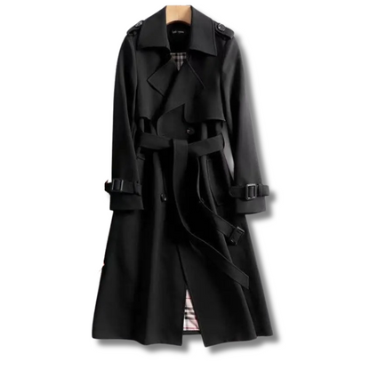 Elegant Trench Coat for Women with Notched Lapel Long Sleeve Belted Double Breasted Style