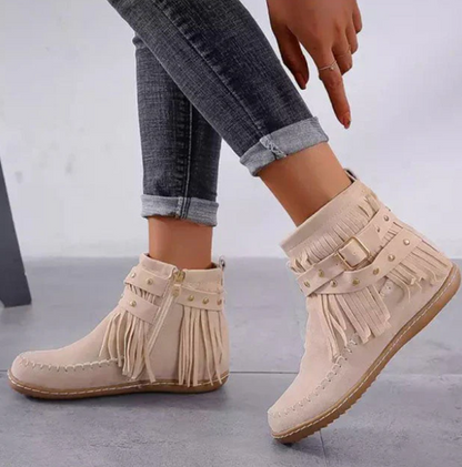 Effortless Tan Suede Fringe Booties for Women with Round Toe Buckle Strap Western Style