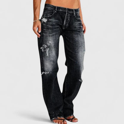 Effortless Blue Distressed Wide Leg Jeans for Women with High Waist Ripped Frayed Hem Casual Style