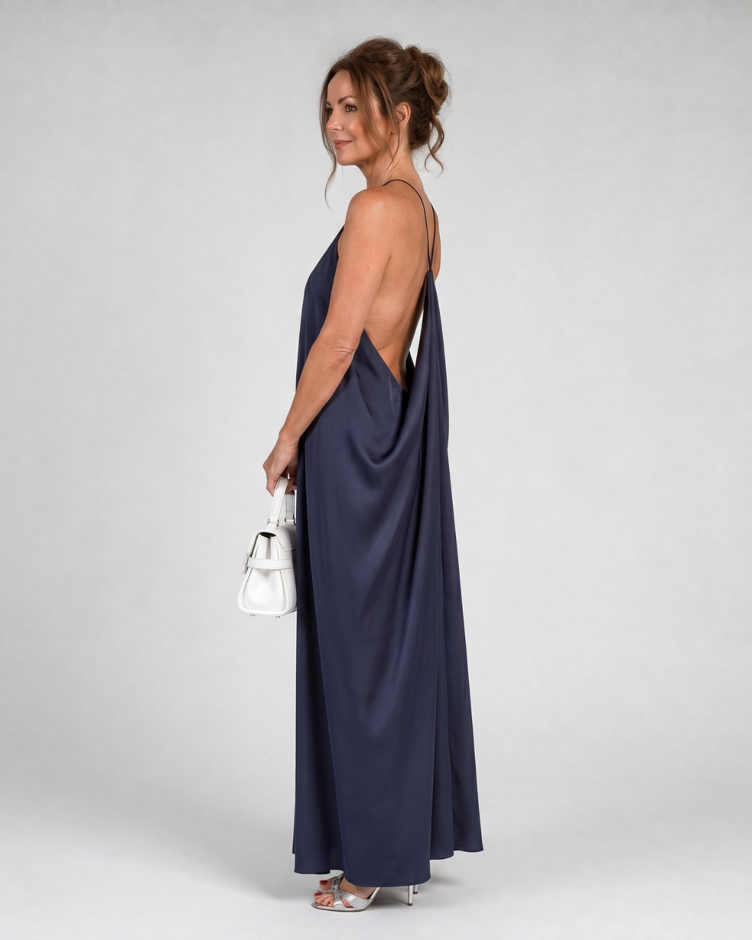 Elegant Navy Cocktail Dress for Women with High Neck Sleeveless Draped Open Back Style