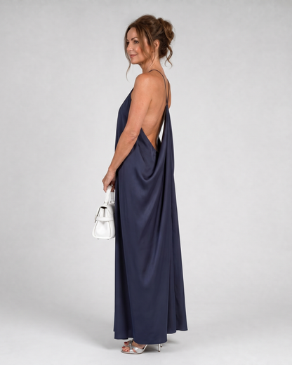 Elegant Navy Cocktail Dress for Women with High Neck Sleeveless Draped Open Back Style