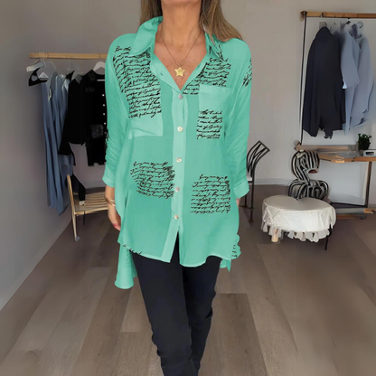 Effortless Script Print Shirt for Women with Collar Long Sleeve Oversized Casual Style