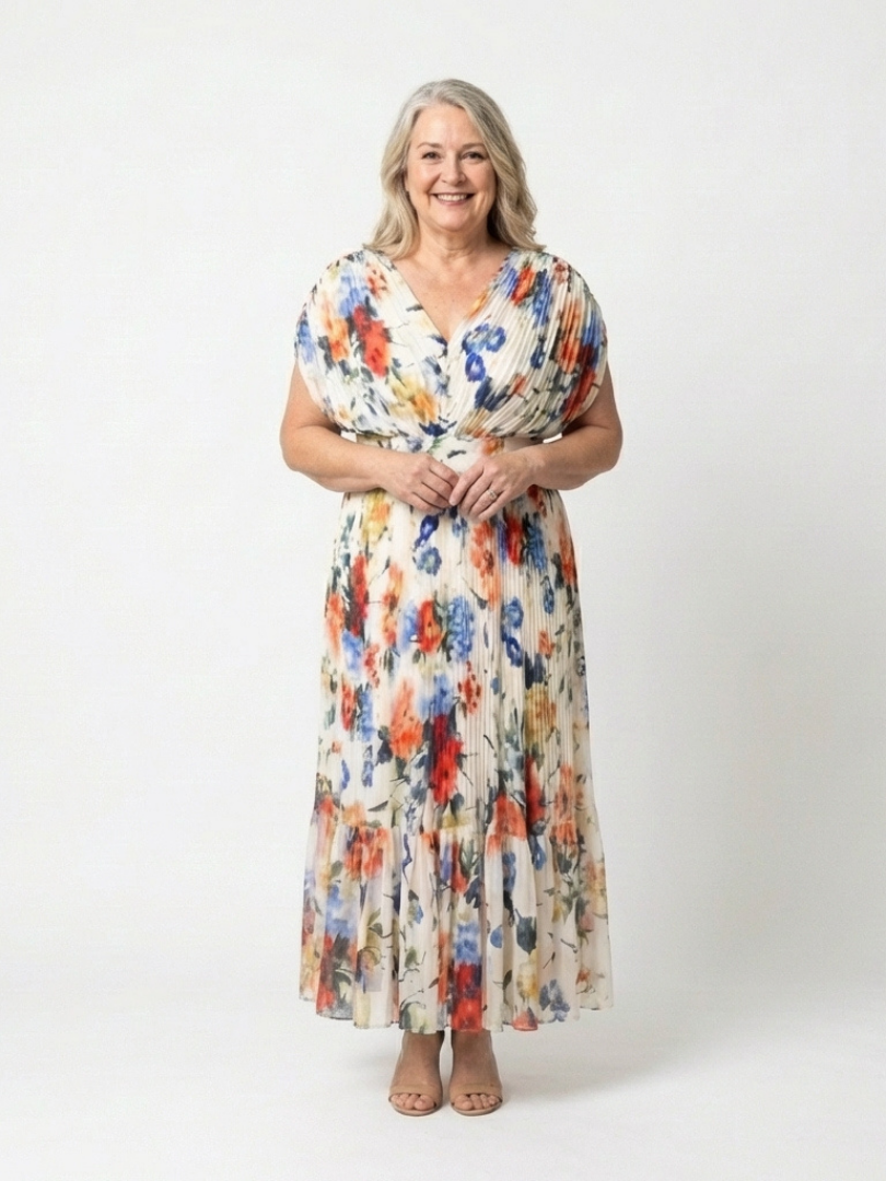 Elegant Ivory Floral Pleated Fall Wedding Guest Dress for Women with V Neck Dolman Sleeve Tiered Ruffle Flowing Style