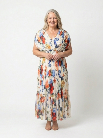 Elegant Ivory Floral Pleated Fall Wedding Guest Dress for Women with V Neck Dolman Sleeve Tiered Ruffle Flowing Style