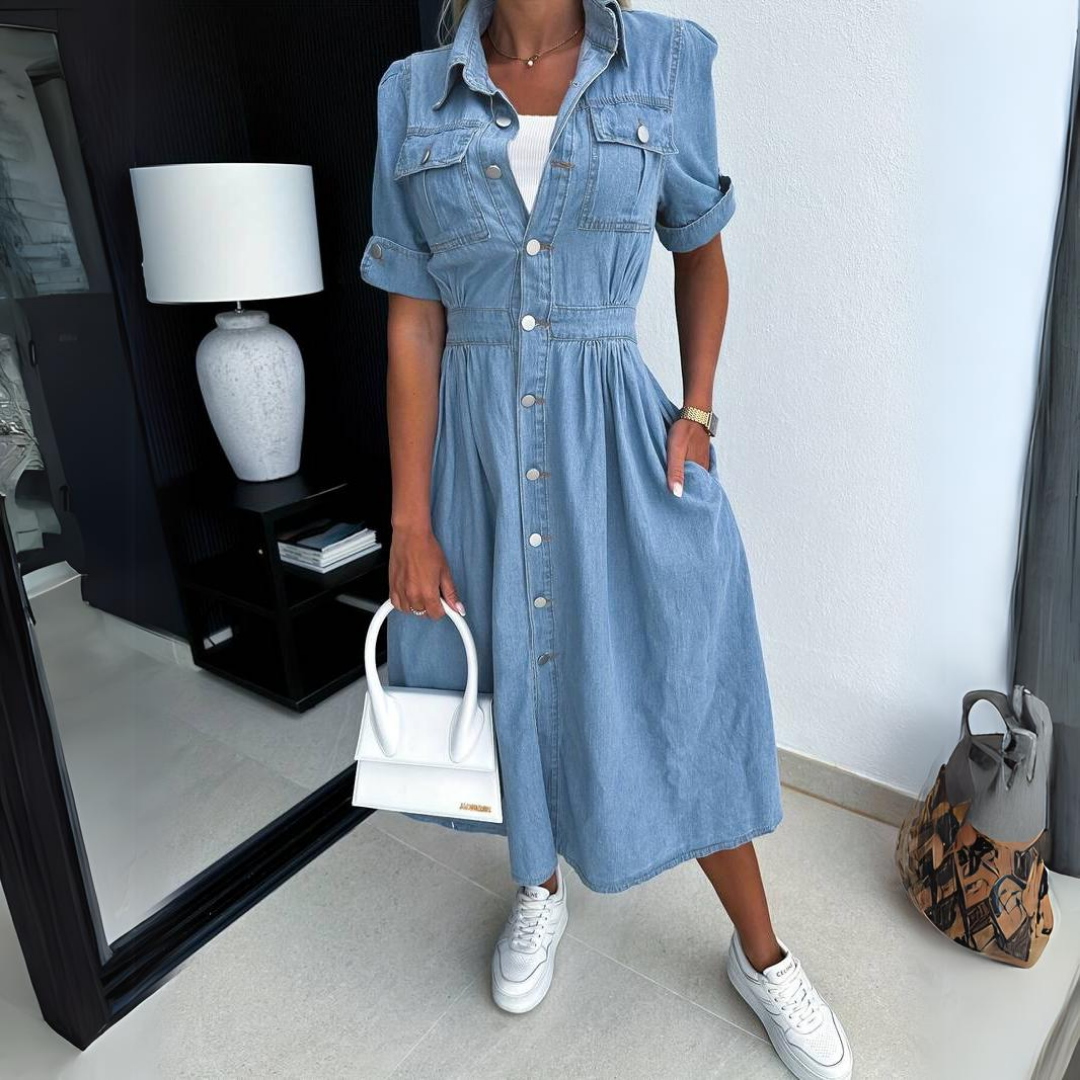 Effortless Blue Denim Dress for Women with Collared Short Sleeve Button Front Midi Style