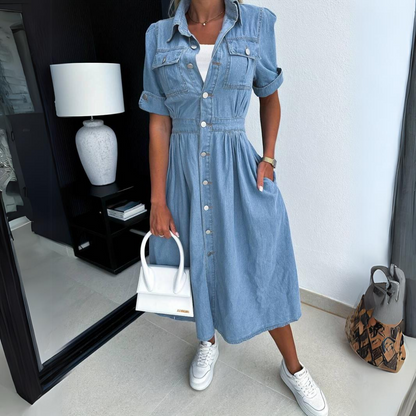 Effortless Blue Denim Dress for Women with Collared Short Sleeve Button Front Midi Style