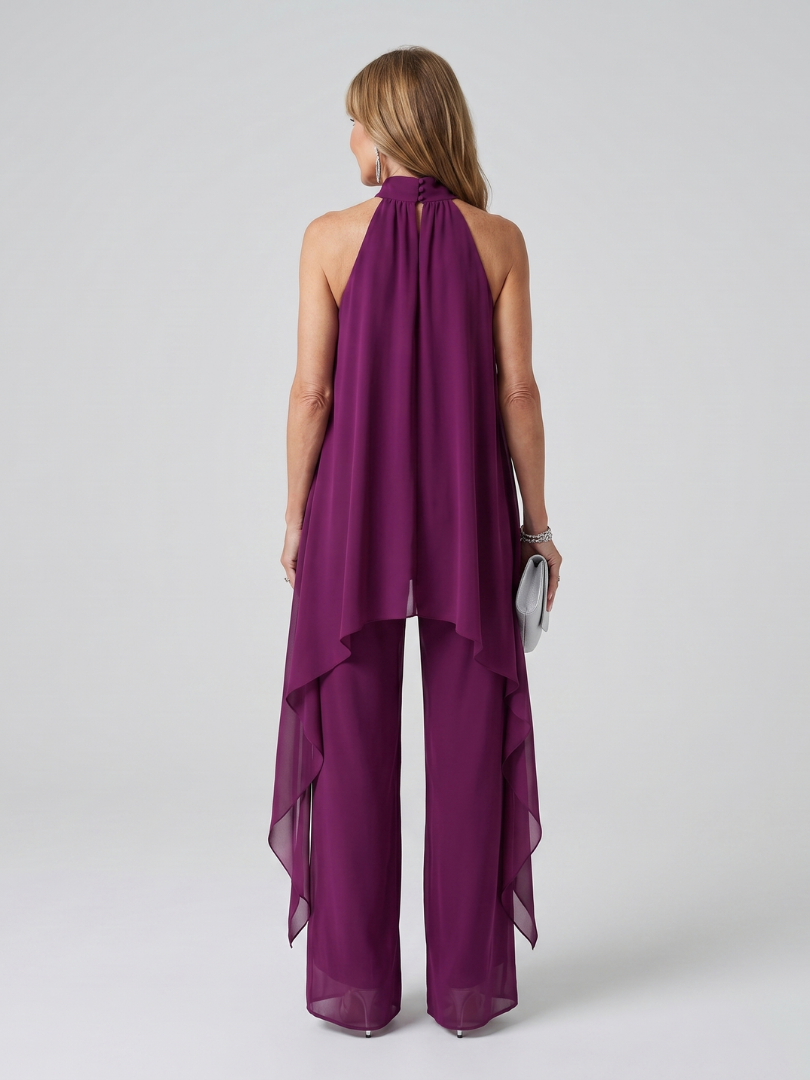 Elegant Purple Chiffon Two Piece Set for Women with Halter Top Draped Overlay Wide Leg Pant Formal Style