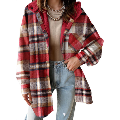 Cozy Plaid Shacket for Women with Hooded Collar Long Sleeve Flannel Button Front Oversized Style