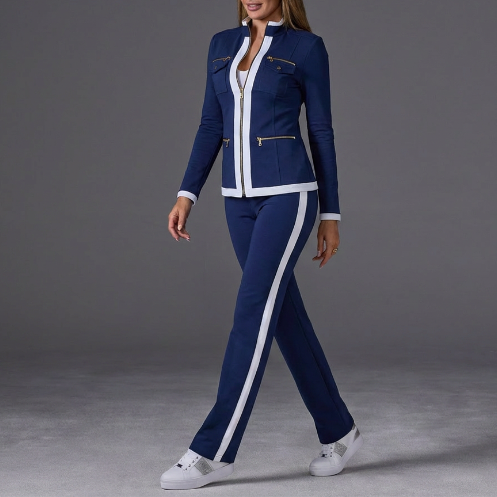 Stylish Two Piece Set for Women with Stand Collar Long Sleeve Zip Up Side Stripe Athleisure Style
