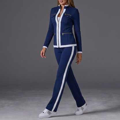 Stylish Two Piece Set for Women with Stand Collar Long Sleeve Zip Up Side Stripe Athleisure Style