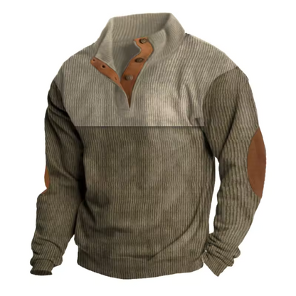 Cozy Ribbed Knit Button Sweater for Men with Stand Collar Long Sleeve Elbow Patch Pullover Style