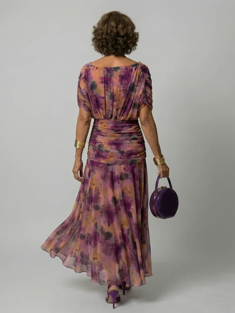 Elegant Midi Dress for Women with Off Shoulder V-Neck Floral Print Ruched Waist Formal Wedding Guest Style
