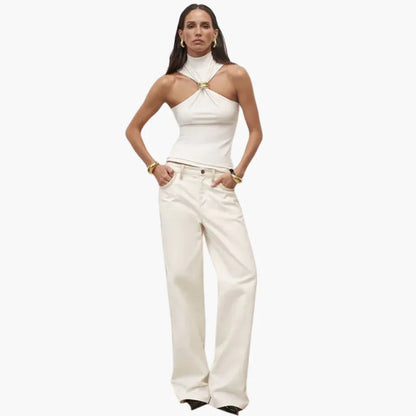 Elegant Halter Top for Women with Mock Neck Sleeveless Gold Ring Cutout Style