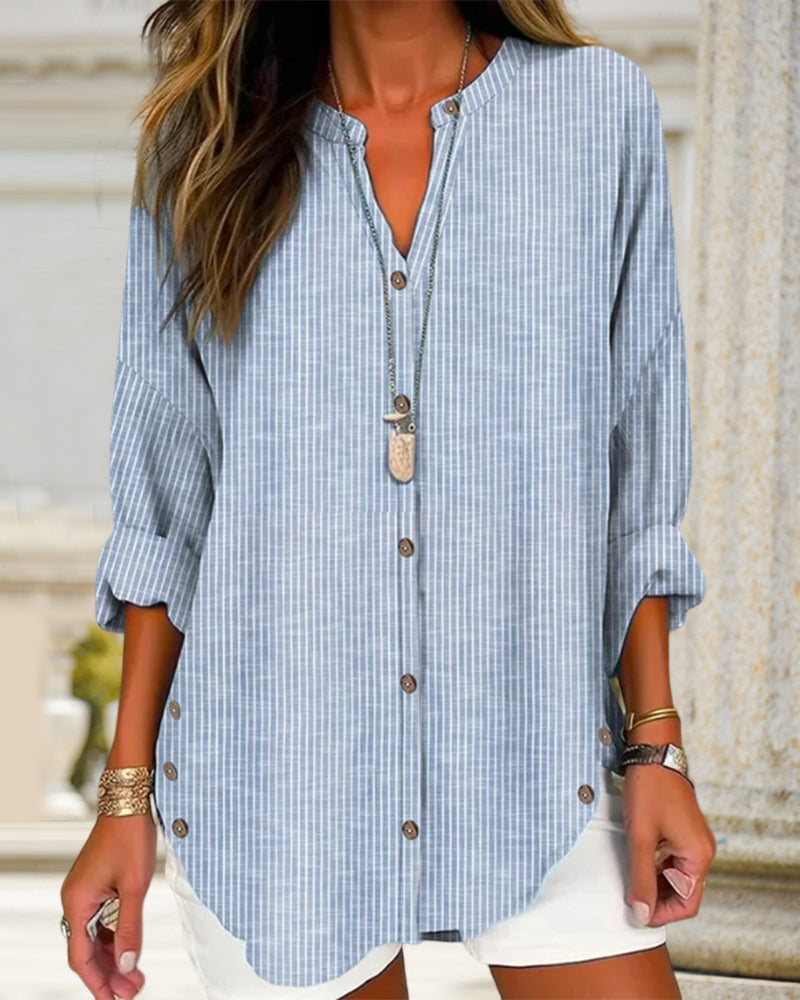 Effortless Striped Linen Shirt for Women with V Neck Long Sleeve Curved Hem Relaxed Style