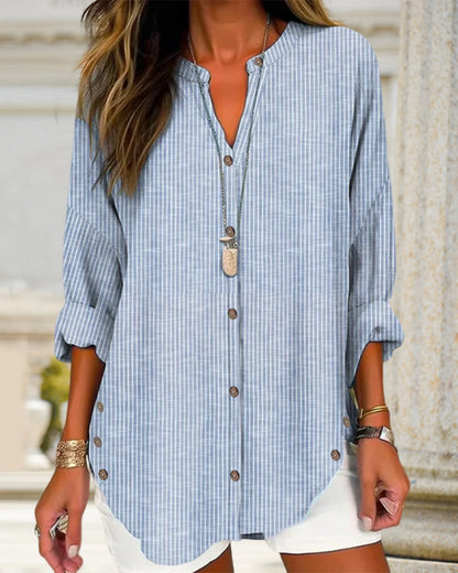 Effortless Striped Linen Shirt for Women with V Neck Long Sleeve Curved Hem Relaxed Style